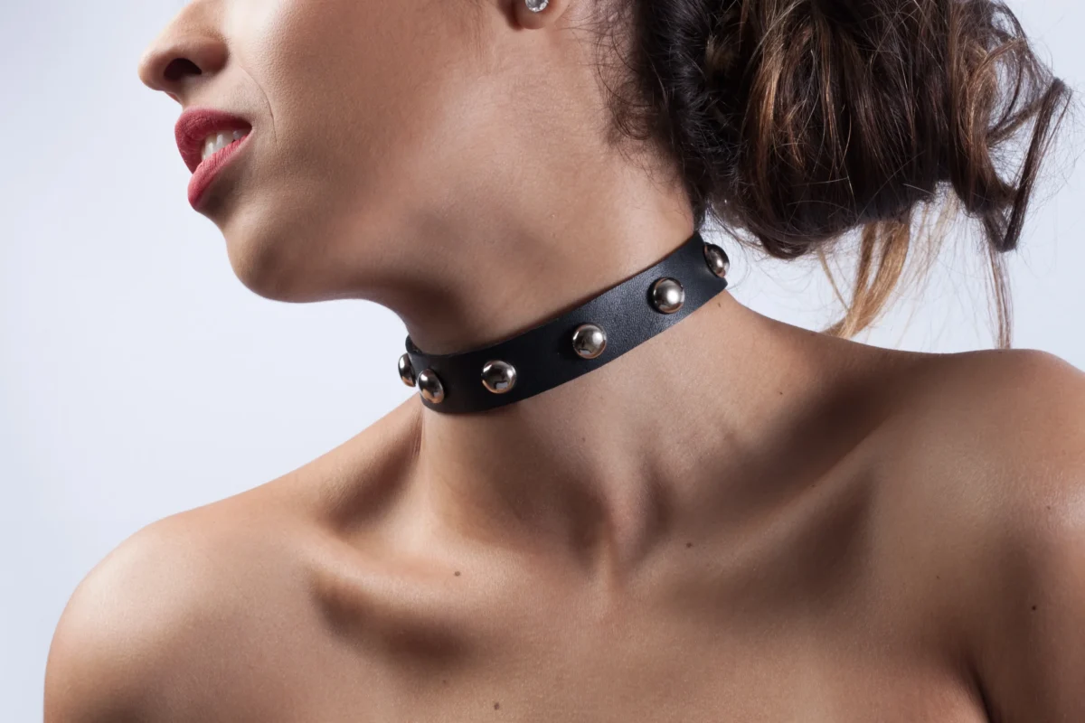 Bold leather choker with silver-tone dome studs.